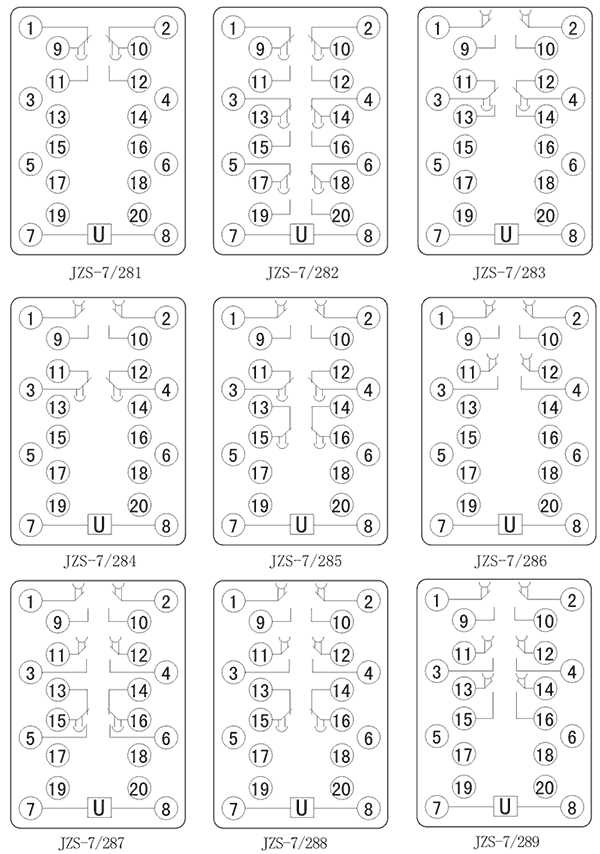 JZS-7/281斷電延時中間繼電器內部接線圖